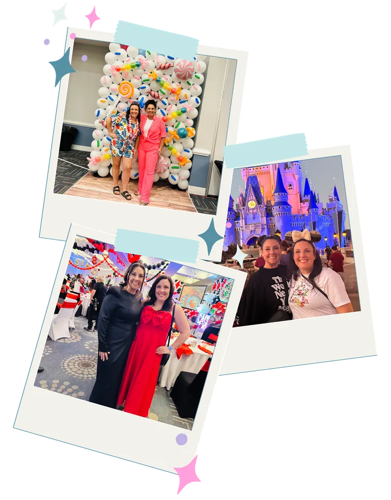 Photos of Briana and Jenny together at balloon installations, at a gala, and on a trip to Disney World